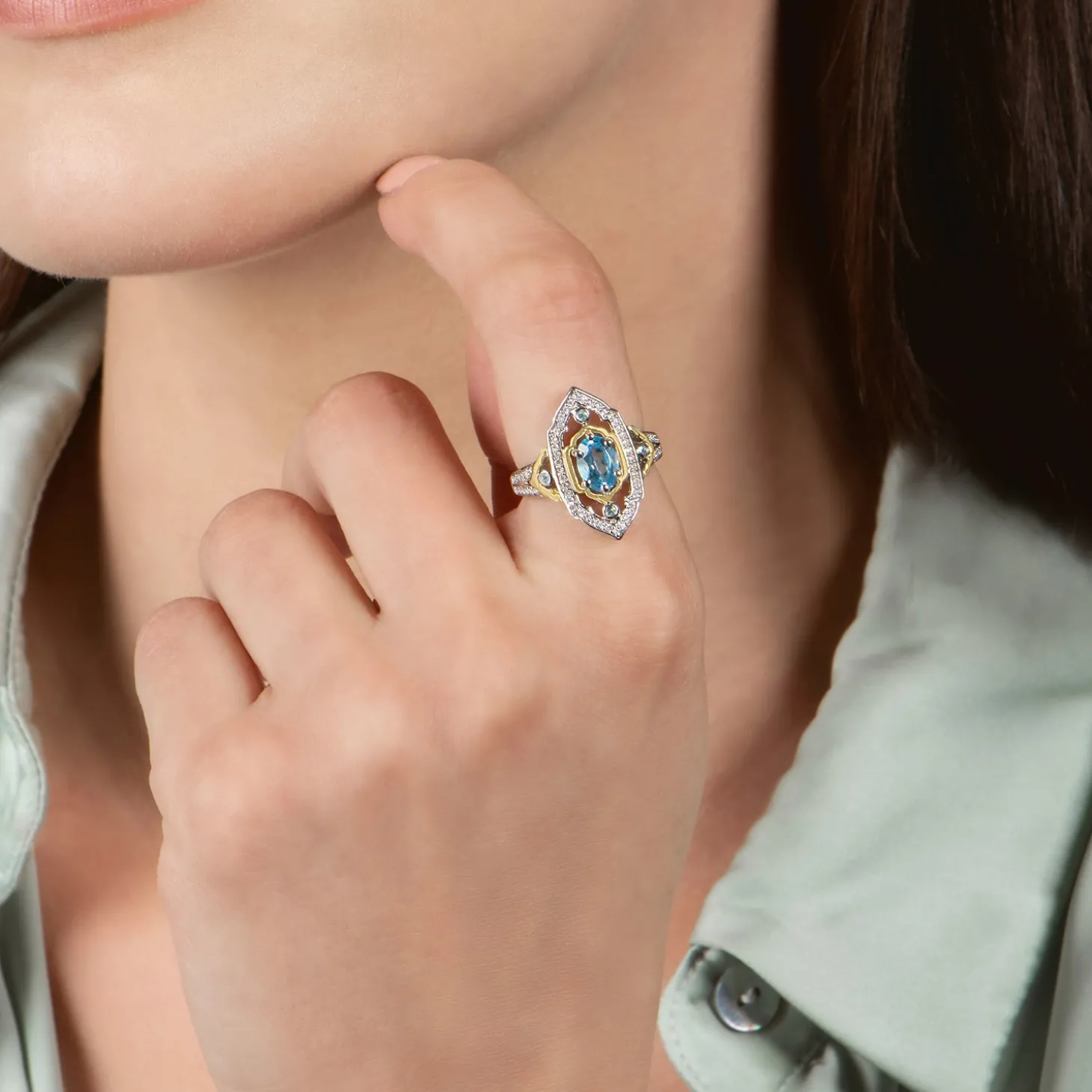 Enchanted Disney Fine Jewelry Sterling Silver and 10K Yellow Gold 1/5 CTTW Diamond and Swiss Blue Topaz Jasmine Ring