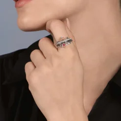 Enchanted Disney Fine Jewelry Sterling Silver and 10K Rose Gold with 1/4 CTTW Diamond and Ruby Snow White and Evil Queen Duo Ring Set