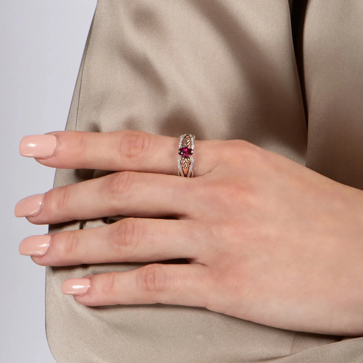 Enchanted Disney Fine Jewelry Sterling Silver and 10K Rose Gold with 1/20 CTTW Diamonds and Rhodolite Garnet Anna Wheat Ring