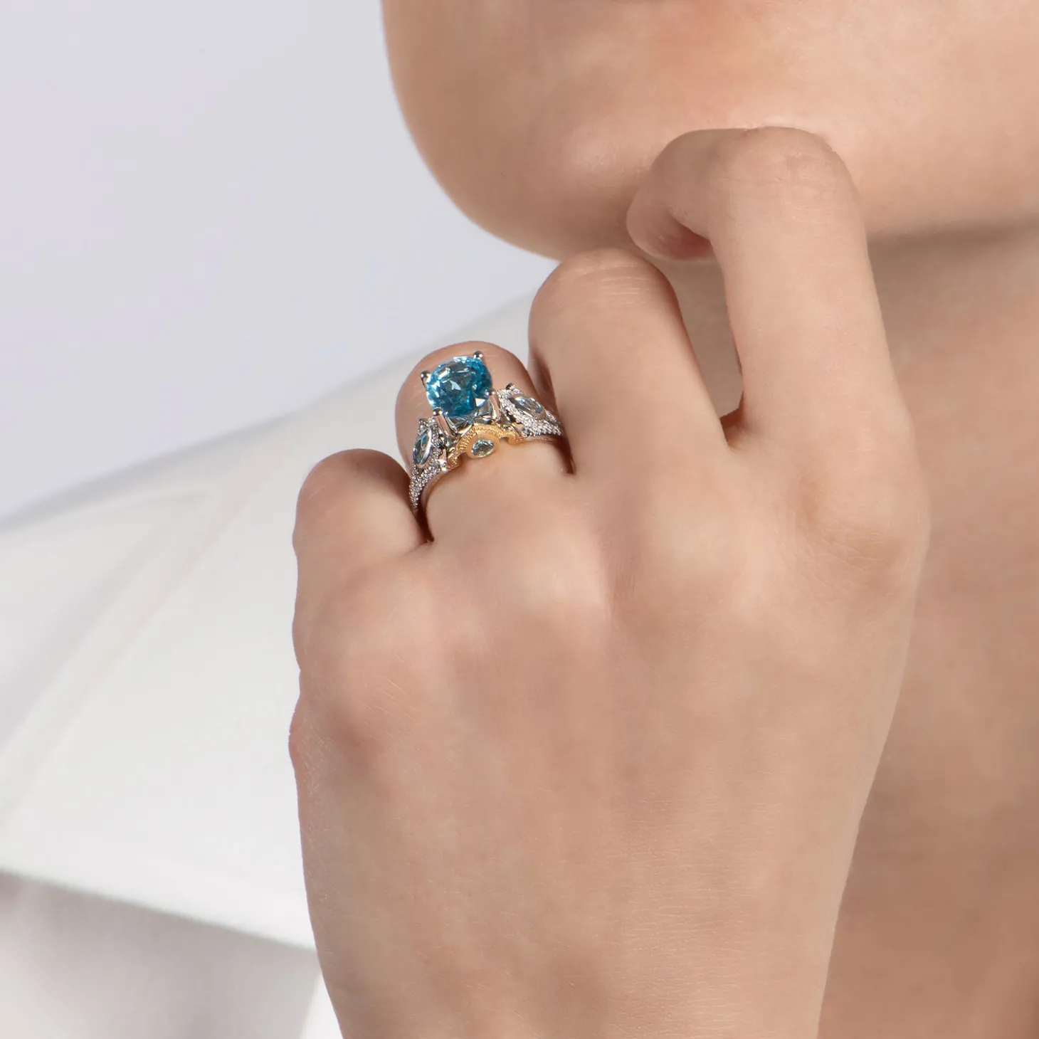 Enchanted Disney Fine Jewelry 14K White Gold and Yellow Gold with 1/5 CTTW Diamond and Swiss Blue Topaz Jasmine Ring
