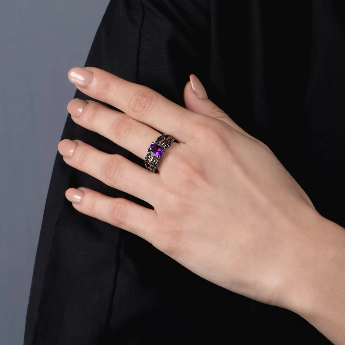 Enchanted Disney Fine Jewelry Black Rhodium over Sterling Silver with 1/5 CTTW Black Diamond and Amethyst Ursula Ring