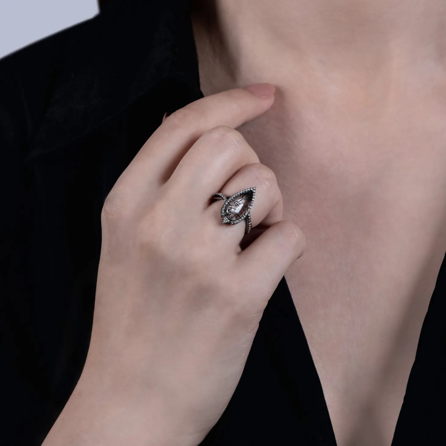 Enchanted Disney Fine Jewelry Black Rhodium over Sterling Silver 1/4 CTTW Diamond with Rutile Quartz Maleficent Ring