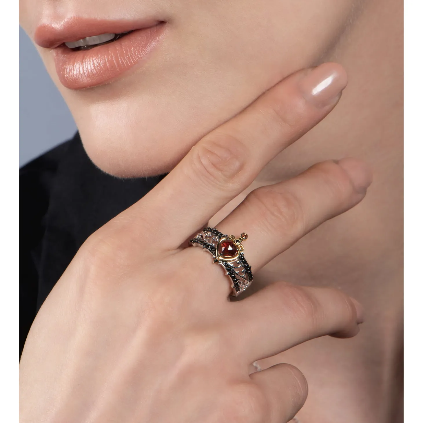 Enchanted Disney Fine Jewelry 10K Yellow Gold and Sterling Silver with 1/4 CTTW Black Diamond and Red Garnet Evil Queen Ring