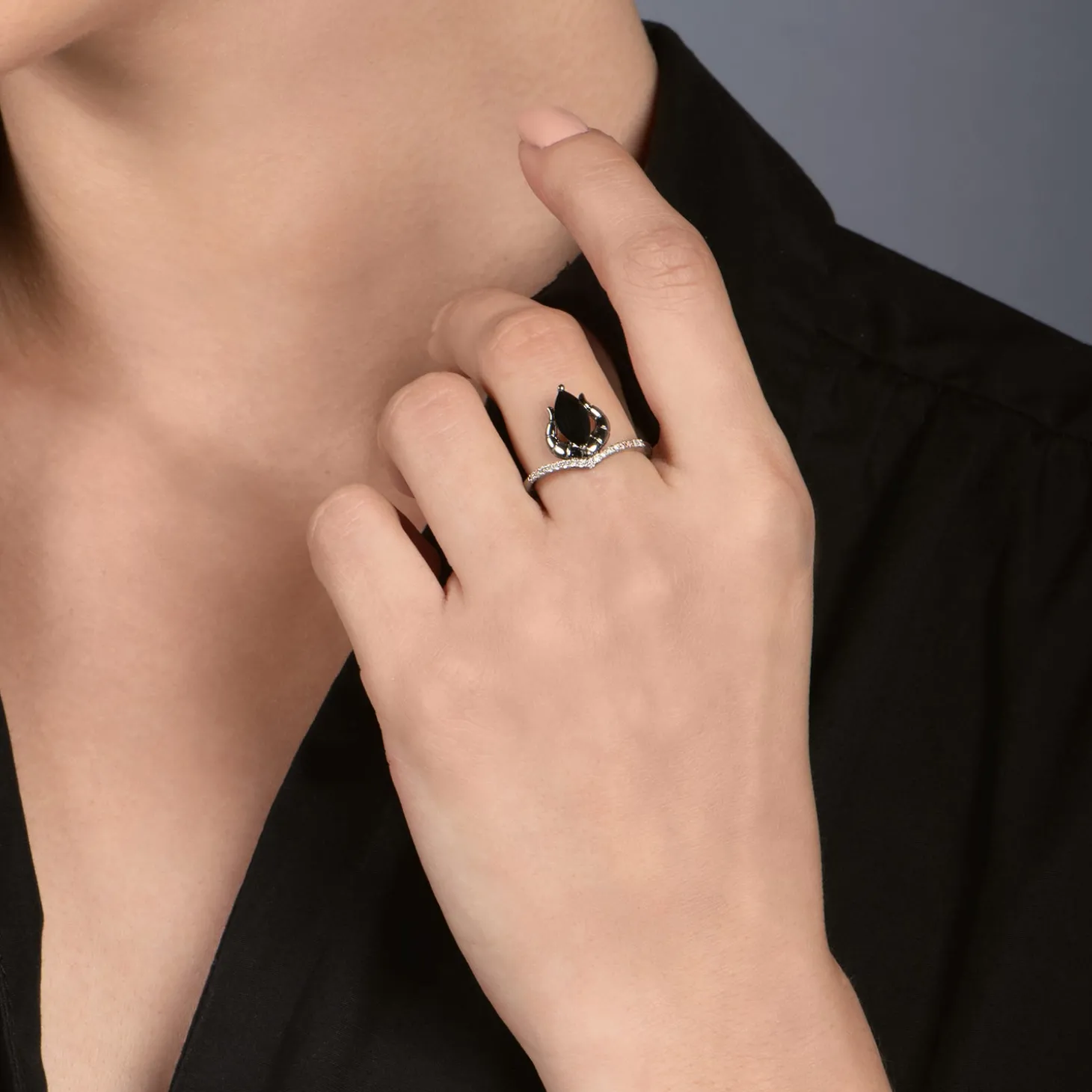 Enchanted Disney Fine Jewelry Black Rhodium Over Sterling Silver with 1/10 CTTW Diamond and Onyx Maleficent Ring