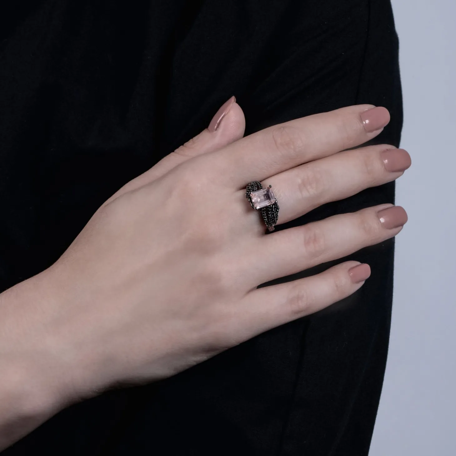 Enchanted Disney Fine Jewelry Black Rhodium over Sterling Silver with 1/3 CTTW Black Diamond and Morganite Maleficent Aurora Ring