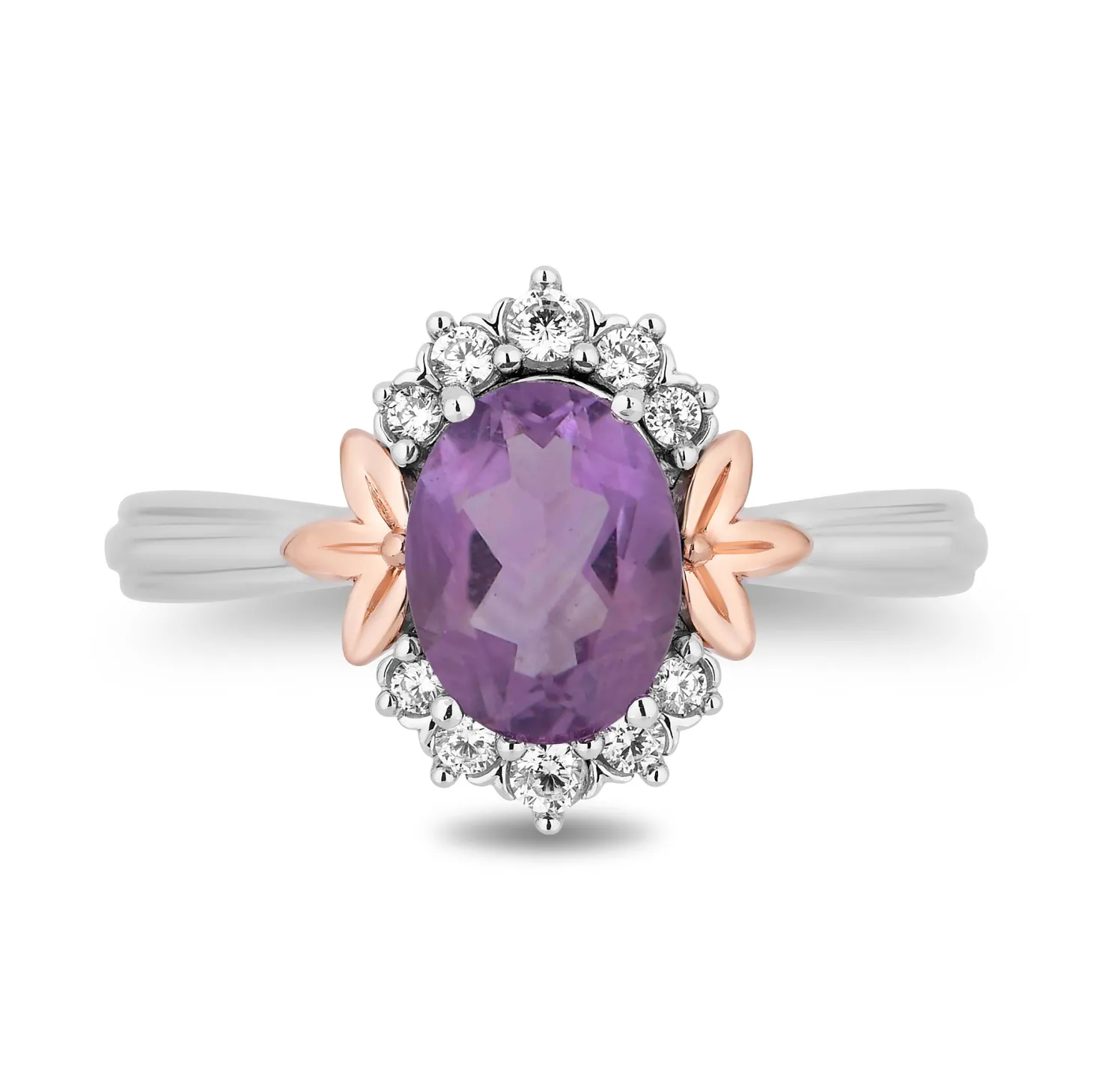 Enchanted Disney Fine Jewelry Sterling Silver and 10K Rose Gold 1/6 CTTW Diamond and Rose De France Rapunzel Ring