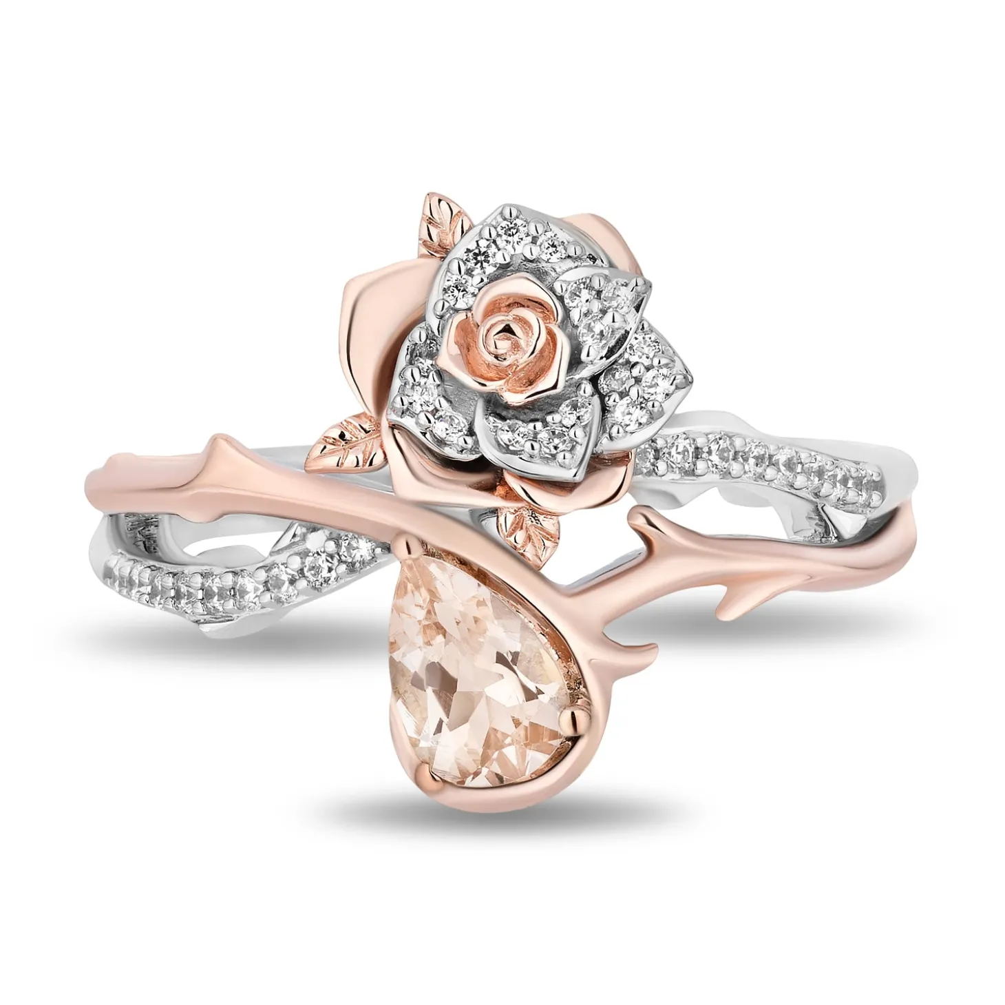 Enchanted Disney Fine Jewelry Sterling Silver and 10K Rose Gold with 1/6 CTTW Diamond and Morganite Aurora Rose Ring
