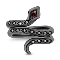 Enchanted Disney Fine Jewelry Black Rhodium Over Sterling Silver with 1/10 CTTW Diamond and Red Garnet Jafar Serpent Ring