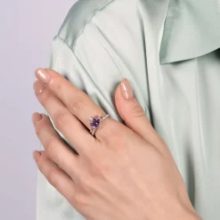 Enchanted Disney Fine Jewelry Sterling Silver and 10K Rose Gold Diamond Accent and Concave Amethyst Stepsisters Ring