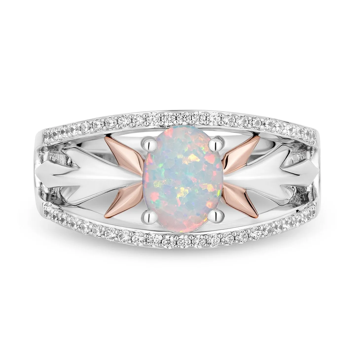 Enchanted Disney Fine Jewelry 14K Rose Gold Over Sterling Silver with 1/5 CTTW Diamonds and Created Opal Elsa Ring