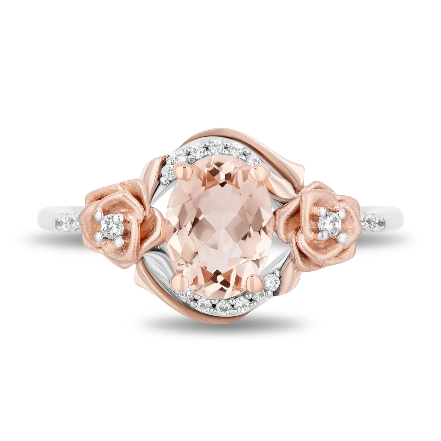 Enchanted Disney Fine Jewelry Sterling Silver and 10K Rose Gold with 1/10 CTTW Diamond and Morganite Aurora Flower Ring