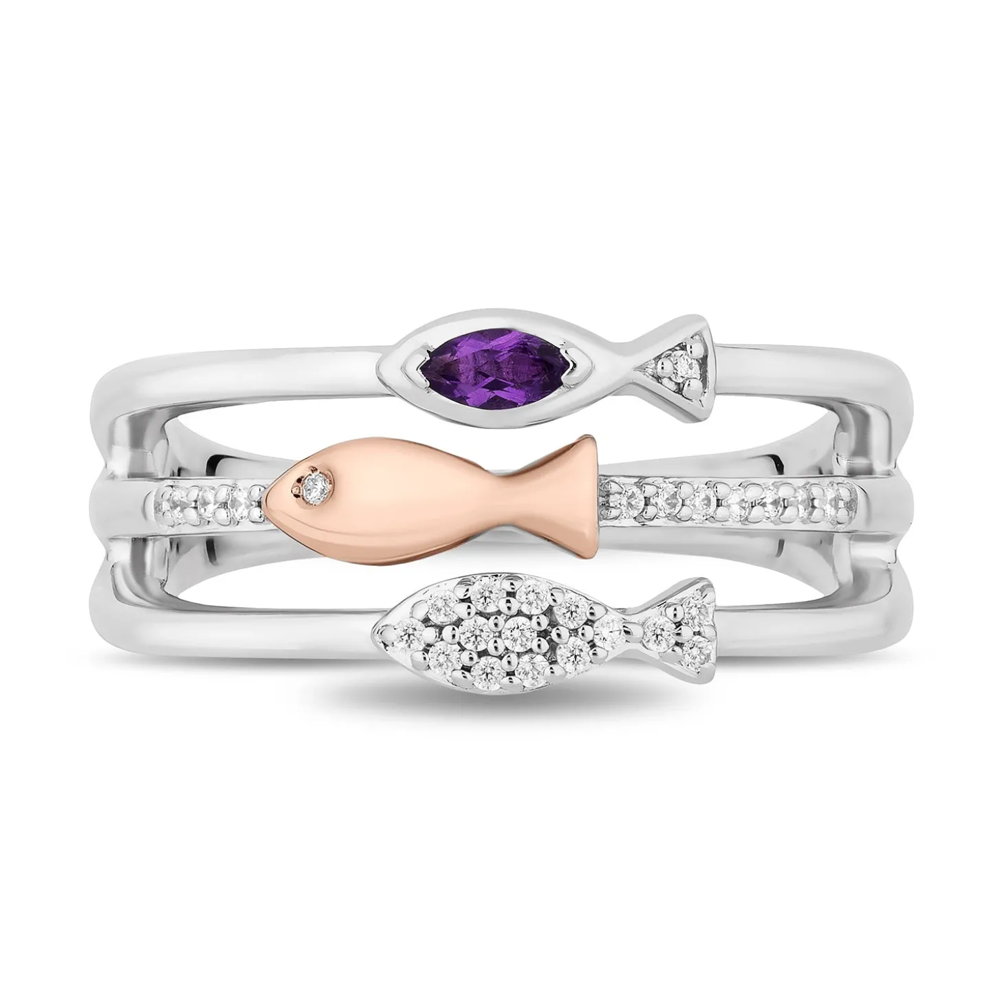Enchanted Disney Fine Jewelry 14K Rose Gold Over Sterling Silver with 1/10 CTTW Diamonds and Amethyst Ariel Ring