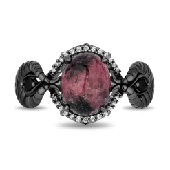 Enchanted Disney Fine Jewelry Black Rhodium Over Sterling Silver 1/10 CTTW Diamonds with Rhodonite and Black Onyx Maleficent Ring
