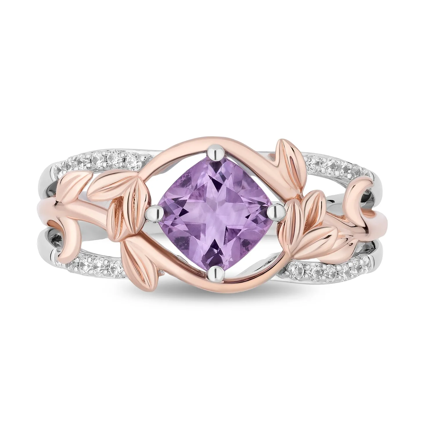 Enchanted Disney Fine Jewelry Sterling Silver and 10K Rose Gold with 1/10 CTTW Diamonds and Rose De France Rapunzel Ring