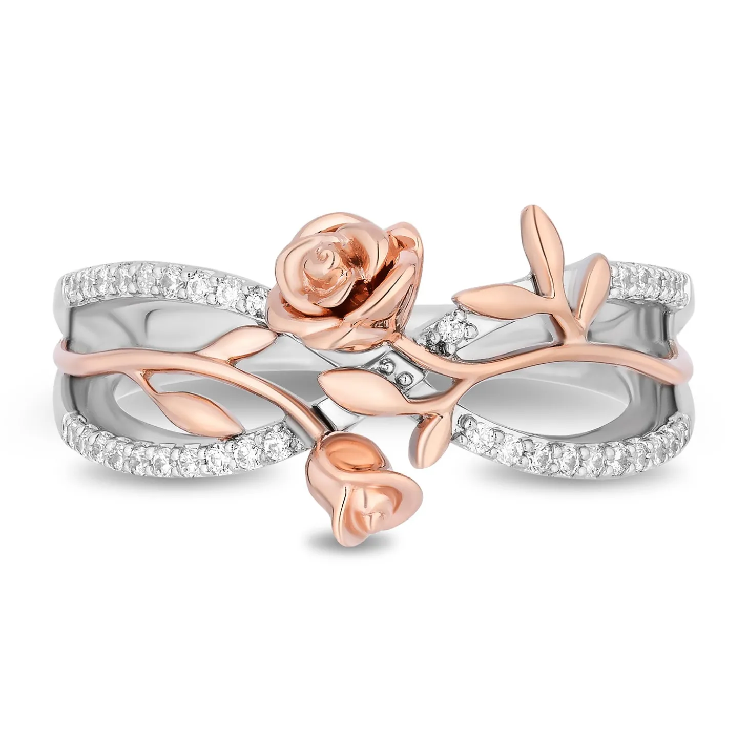 Enchanted Disney Fine Jewelry 14K Rose Gold Over Sterling Silver with 1/6 CTTW Diamonds Belle Crossover Ring