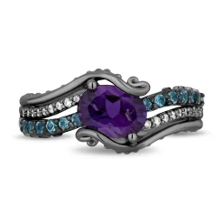 Enchanted Disney Fine Jewelry Black Rhodium Over Sterling Silver with 1/10 CTTW Diamonds, Amethyst and Swiss Blue Topaz Ursula Ring
