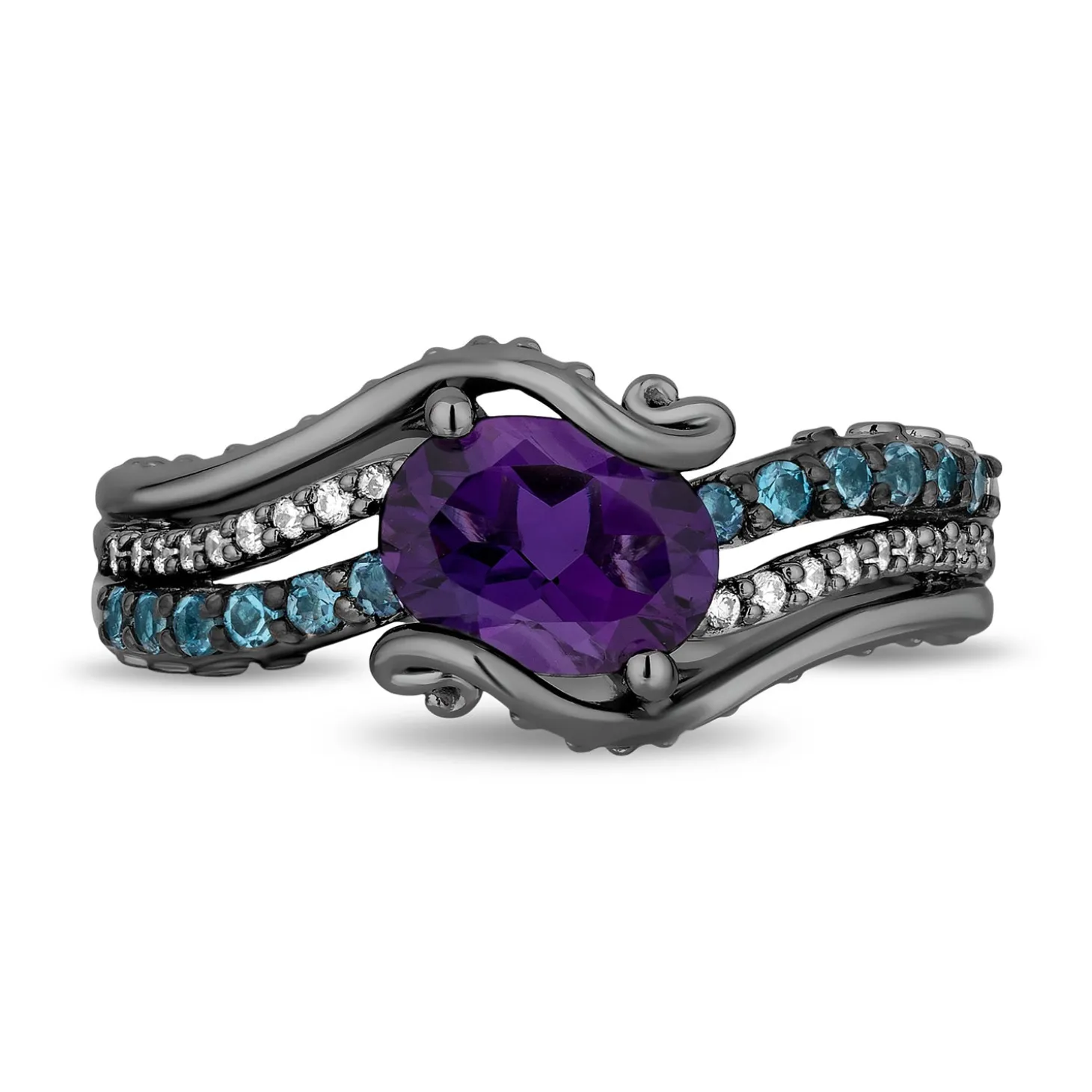 Enchanted Disney Fine Jewelry Black Rhodium Over Sterling Silver with 1/10 CTTW Diamonds, Amethyst and Swiss Blue Topaz Ursula Ring