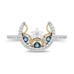 Enchanted Disney Fine Jewelry  Black Rhodium Over Sterling Silver and 10K Yellow Gold with 1/6 CTTW Diamonds and Swiss Blue Topaz Jasmine Moon with Star Ring