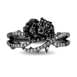 Enchanted Disney Fine Jewelry Black Rhodium Over Sterling Silver with 3/8 CTTW White Diamonds and Black Diamonds Maleficent Ring