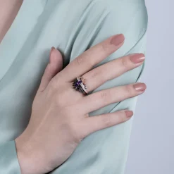Enchanted Disney Fine Jewelry Black Rhodium and 14K Rose Gold over Sterling Silver With 1/6 CTTW Black and White Diamond and Pear Amethyst Ariel and Ursula Villains Duo Stack Ring