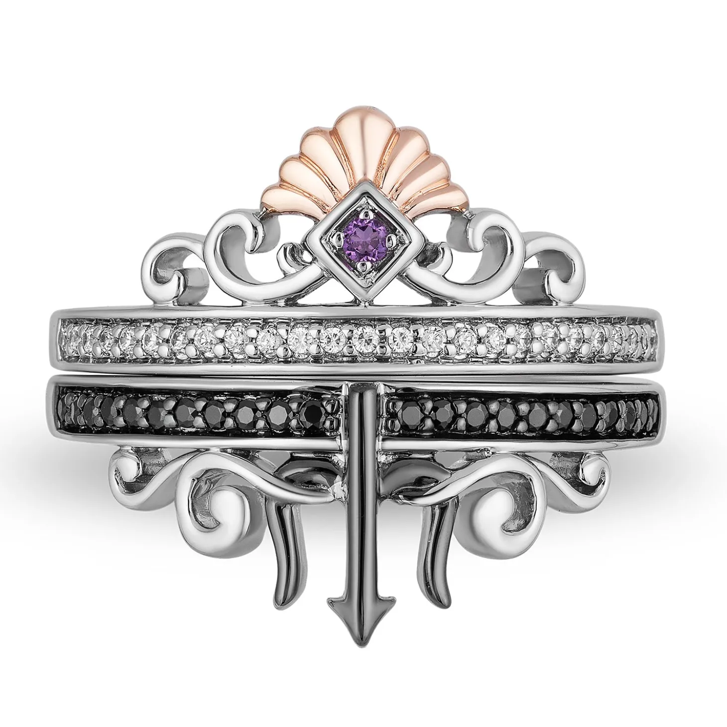 Enchanted Disney Fine Jewelry Black Rhodium and 14K Rose Gold Over Sterling Silver with 1/5 CTTW Diamonds and Amethyst Ariel Ursula Duo Ring