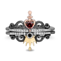 Enchanted Disney Fine Jewelry Black Rhodium Over Sterling Silver with 10K Rose Gold and Yellow Gold 1/8 CTTW Diamond and Red Garnet Evil Queen Aurora Stack Ring