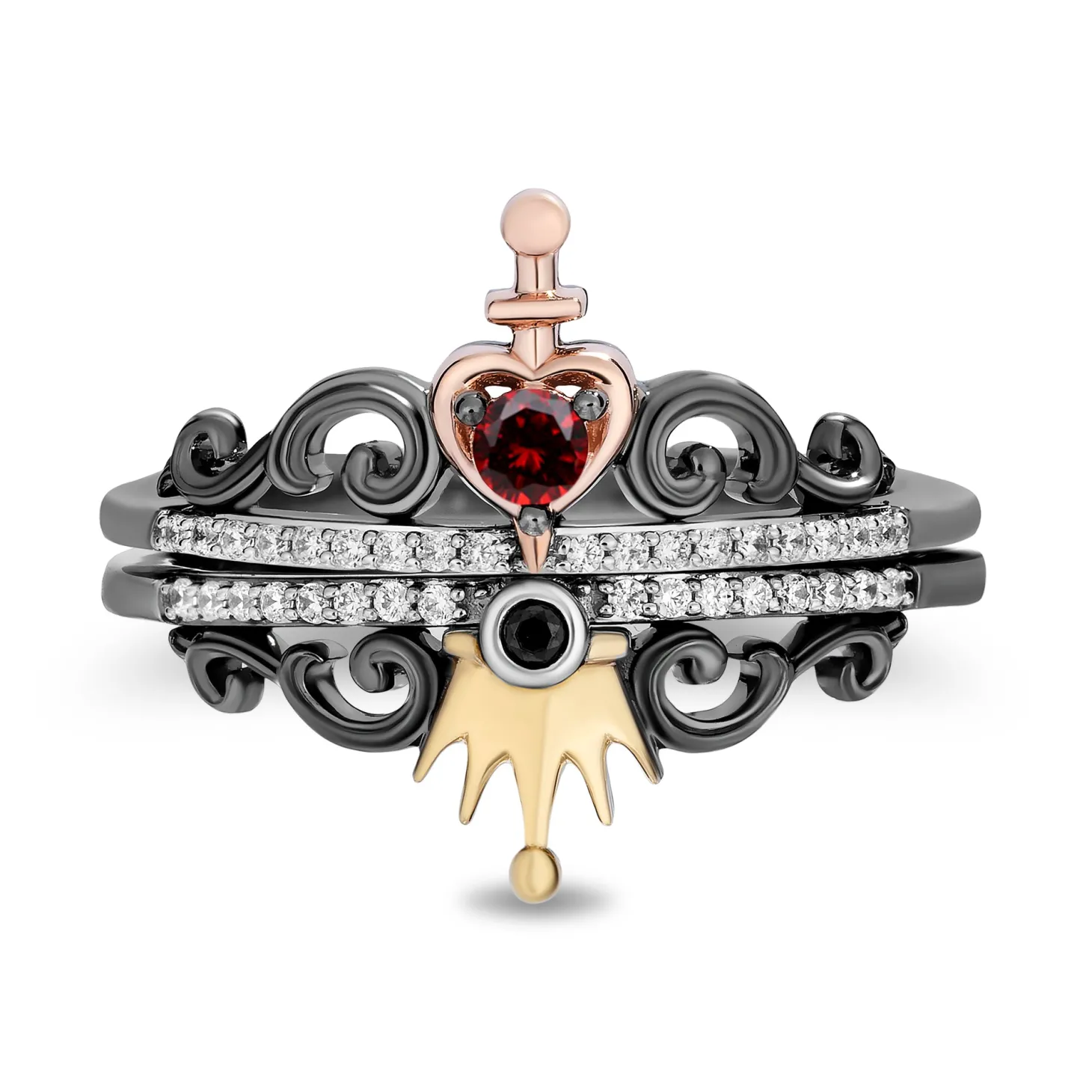 Enchanted Disney Fine Jewelry Black Rhodium Over Sterling Silver with 10K Rose Gold and Yellow Gold 1/8 CTTW Diamond and Red Garnet Evil Queen Aurora Stack Ring