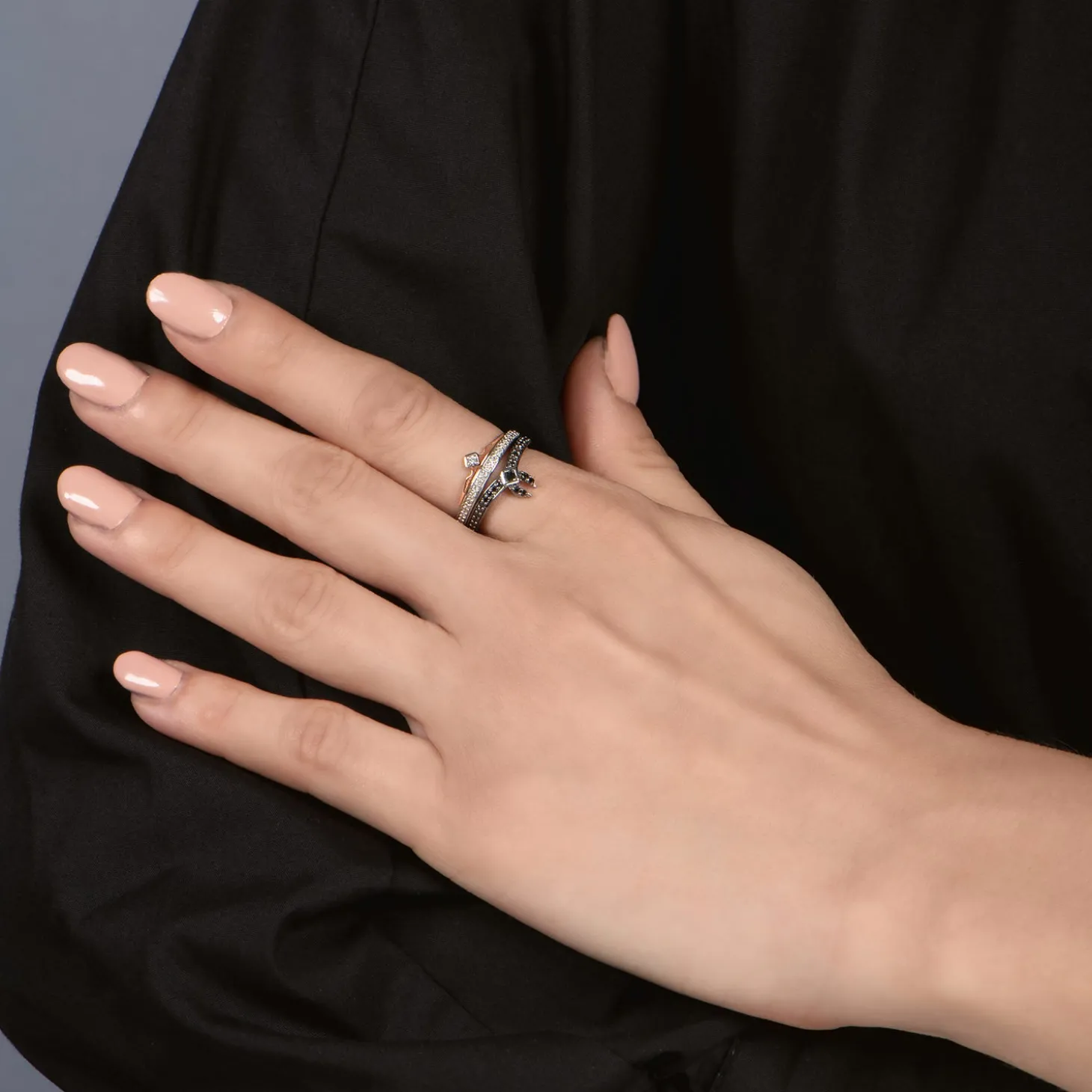 Enchanted Disney Fine Jewelry Black Rhodium over Sterling Silver and 10K Rose Gold 1/4 CTTW Black Diamond and White Diamond Aurora Duo Set Ring
