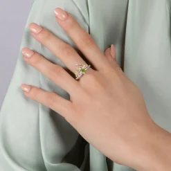 Enchanted Disney Fine Jewelry Sterling Silver and 10K Yellow Gold 1/10 CTTW Diamond and Peridot Tiana Water Lily Tiara Ring