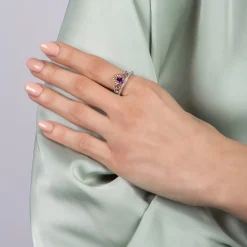 Enchanted Disney Fine Jewelry Sterling Silver and 10K Rose Gold with 1/10 CTTW Diamond and Amethyst Ariel Shell Tiara Ring