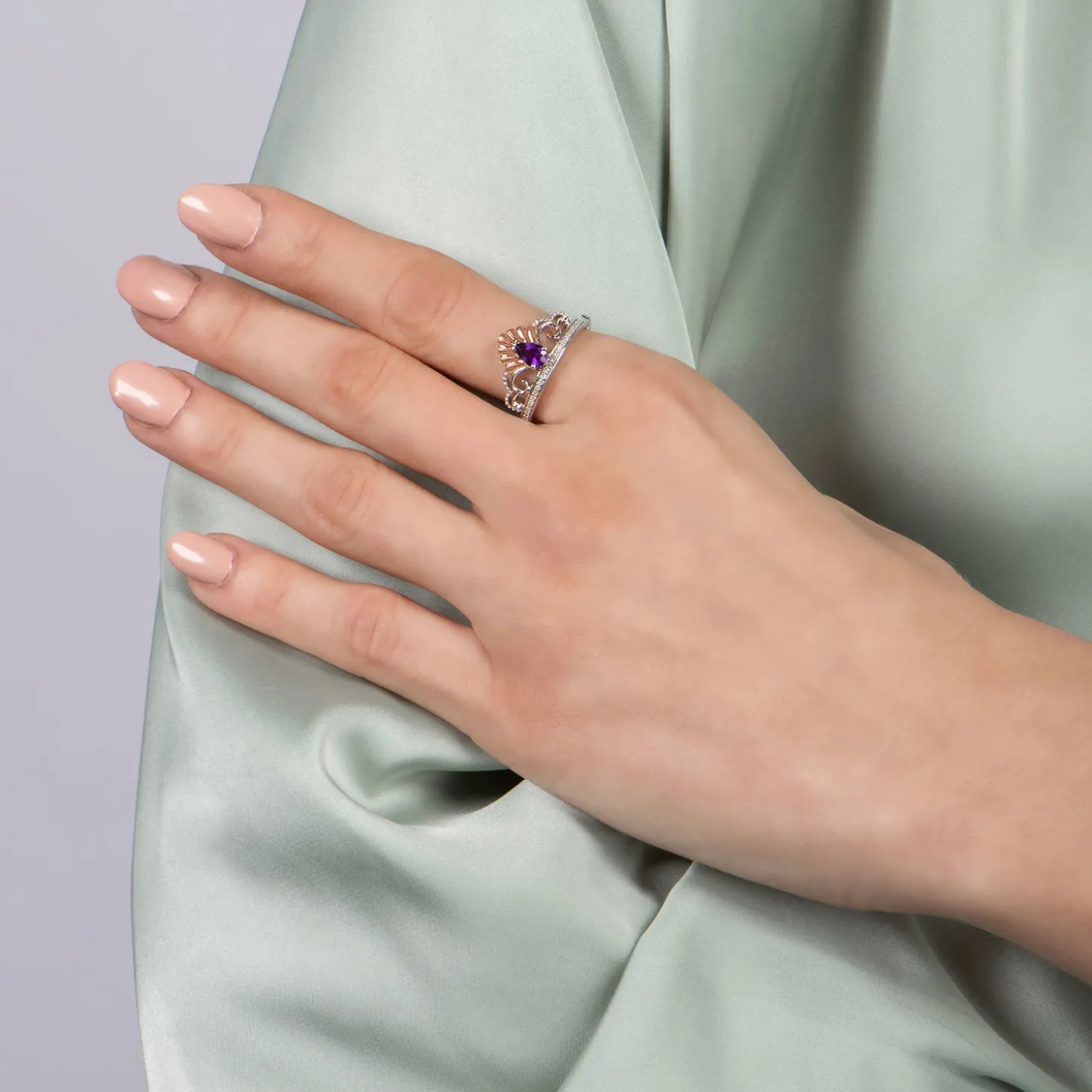 Enchanted Disney Fine Jewelry Sterling Silver and 10K Rose Gold with 1/10 CTTW Diamond and Amethyst Ariel Shell Tiara Ring