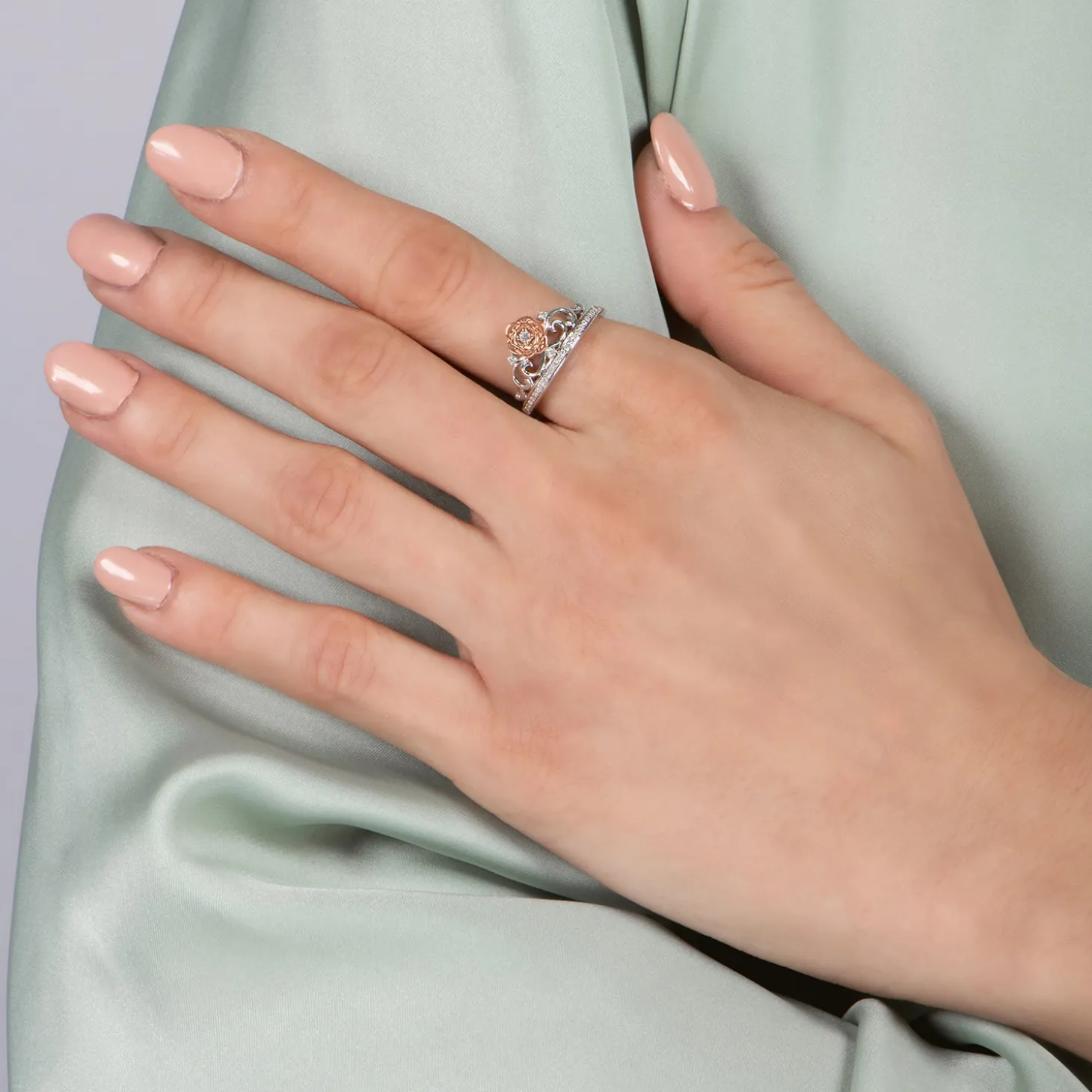 Enchanted Disney Fine Jewelry Sterling Silver And 10K Rose Gold 1/10 CTTW Belle Rose Tiara Ring