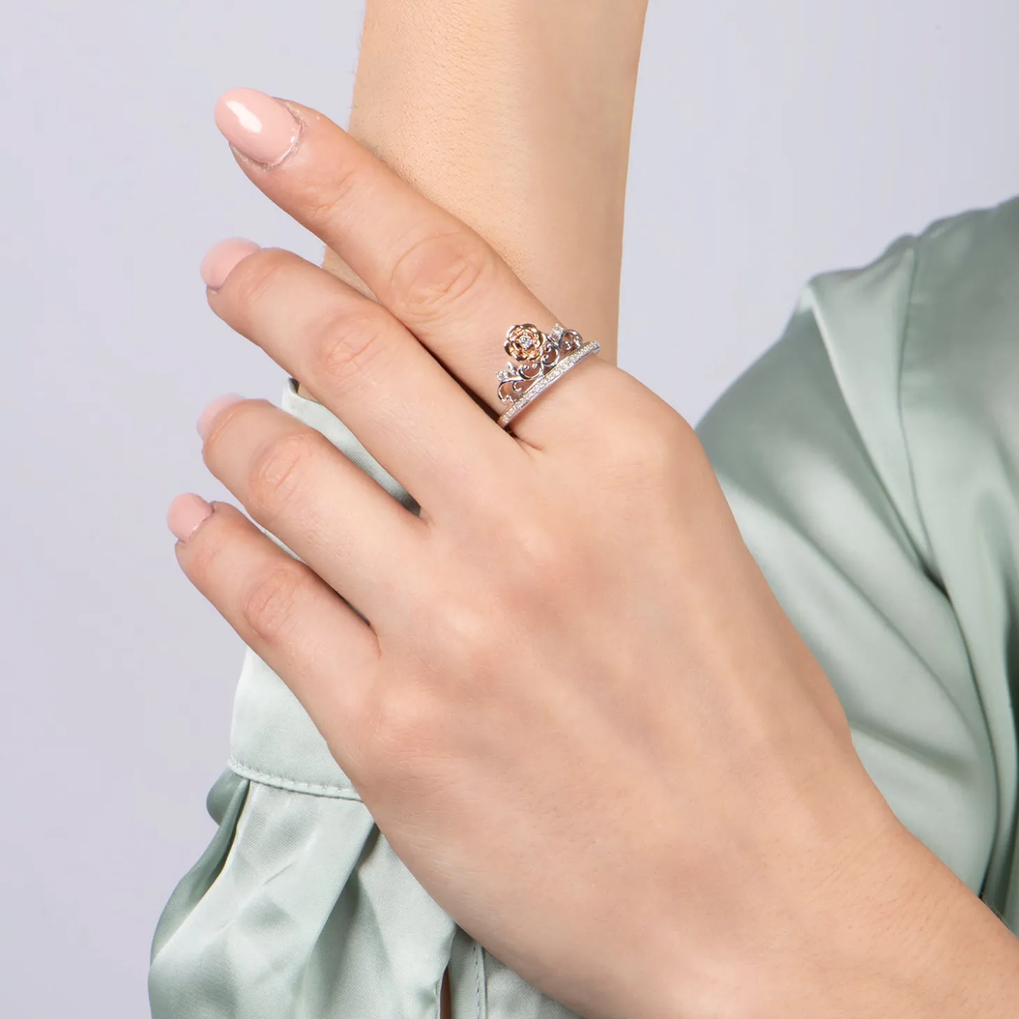 Enchanted Disney Fine Jewelry Sterling Silver and 10k Rose Gold 1/10 CTTW Belle Rose Tiara Ring