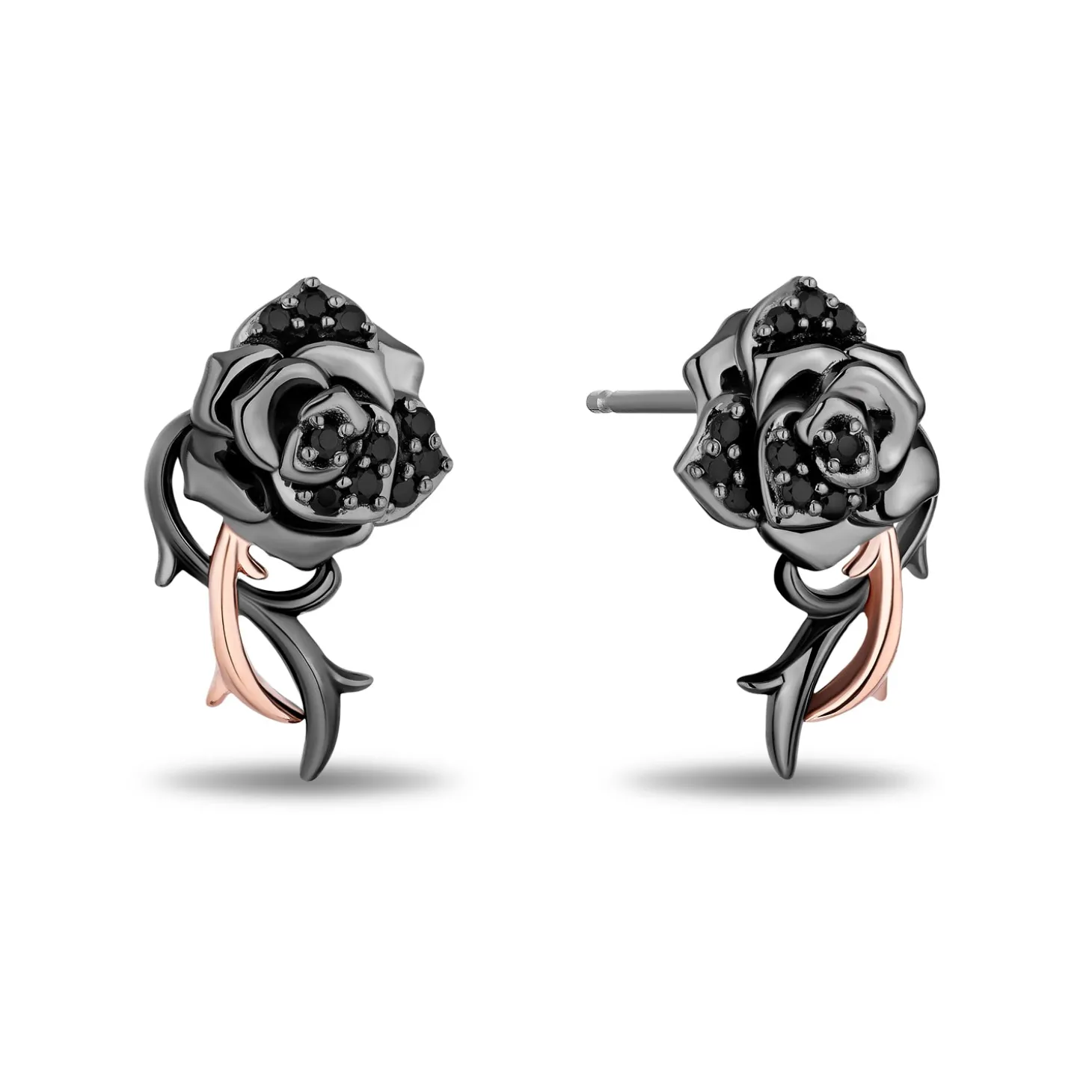 Enchanted Disney Fine Jewelry Black Rhodium Over Sterling Silver and 10K Rose Gold with 1/6 CTTW Black Diamonds Maleficent Rose Earrings
