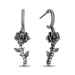 Enchanted Disney Fine Jewelry Black Rhodium Over Sterling Silver with 1/8 CTTW Black and White Diamond Maleficent Rose Earrings