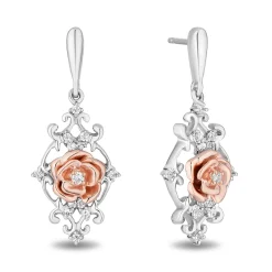 Enchanted Disney Fine Jewelry 14K Rose Gold Over Sterling Silver with 1/10 CTTW Diamonds Belle Earrings