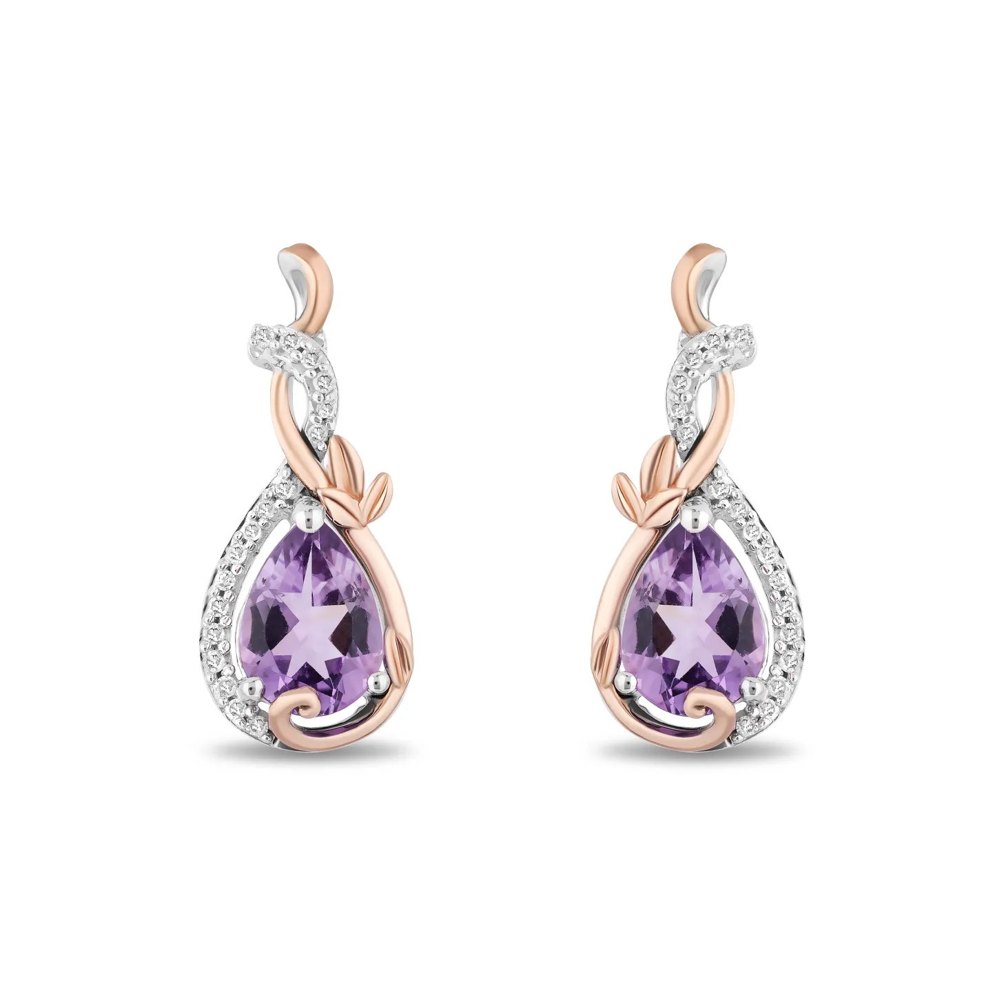 Enchanted Disney Fine Jewelry 14K Rose Gold over Sterling Silver with 1/10 CTTW Diamond and Rose De France Rapunzel Dangle Earrings