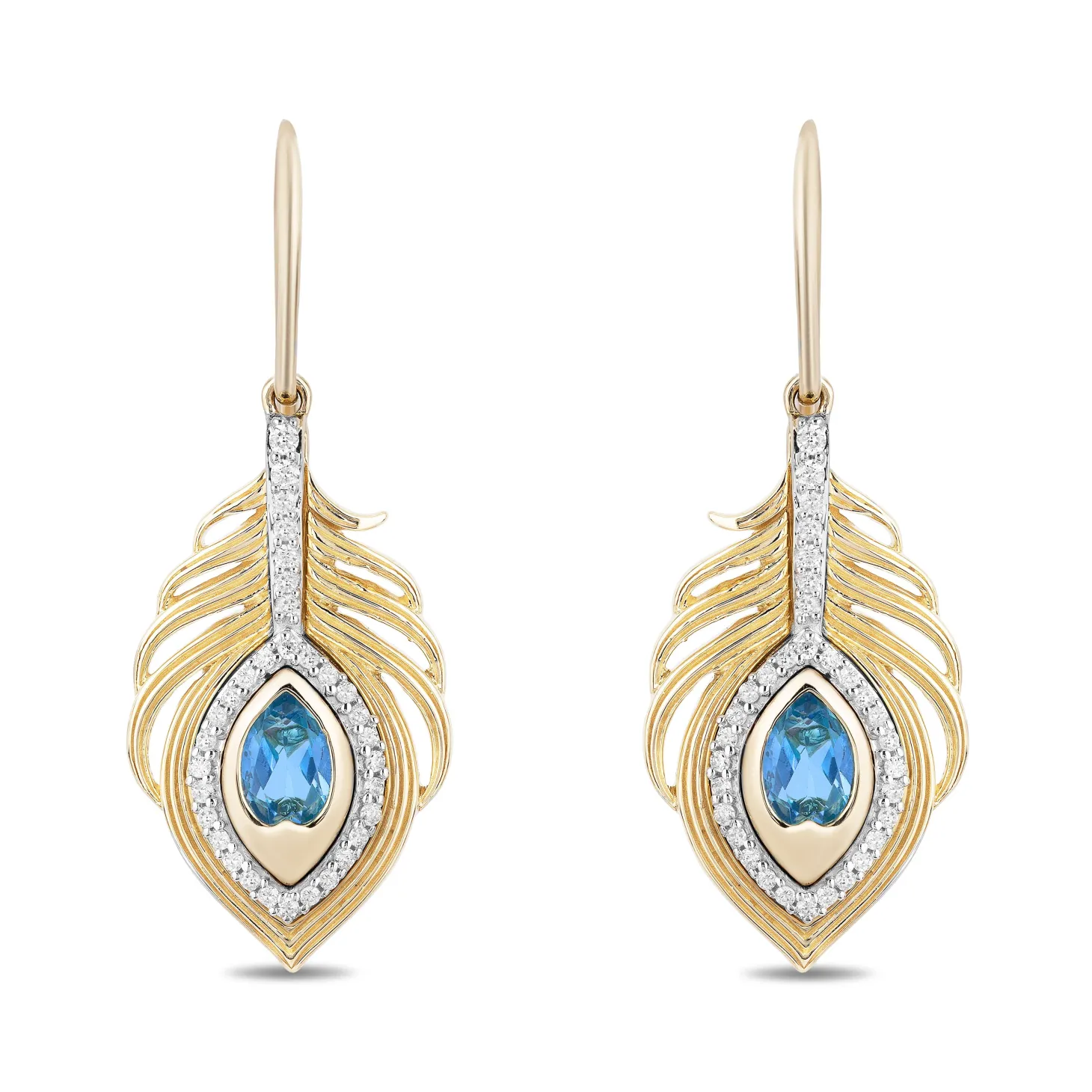 Enchanted Disney Fine Jewelry 10K Yellow Gold with 1/5 CTTW Diamonds and Swiss Blue Topaz Jasmine Peacock Feather Earrings