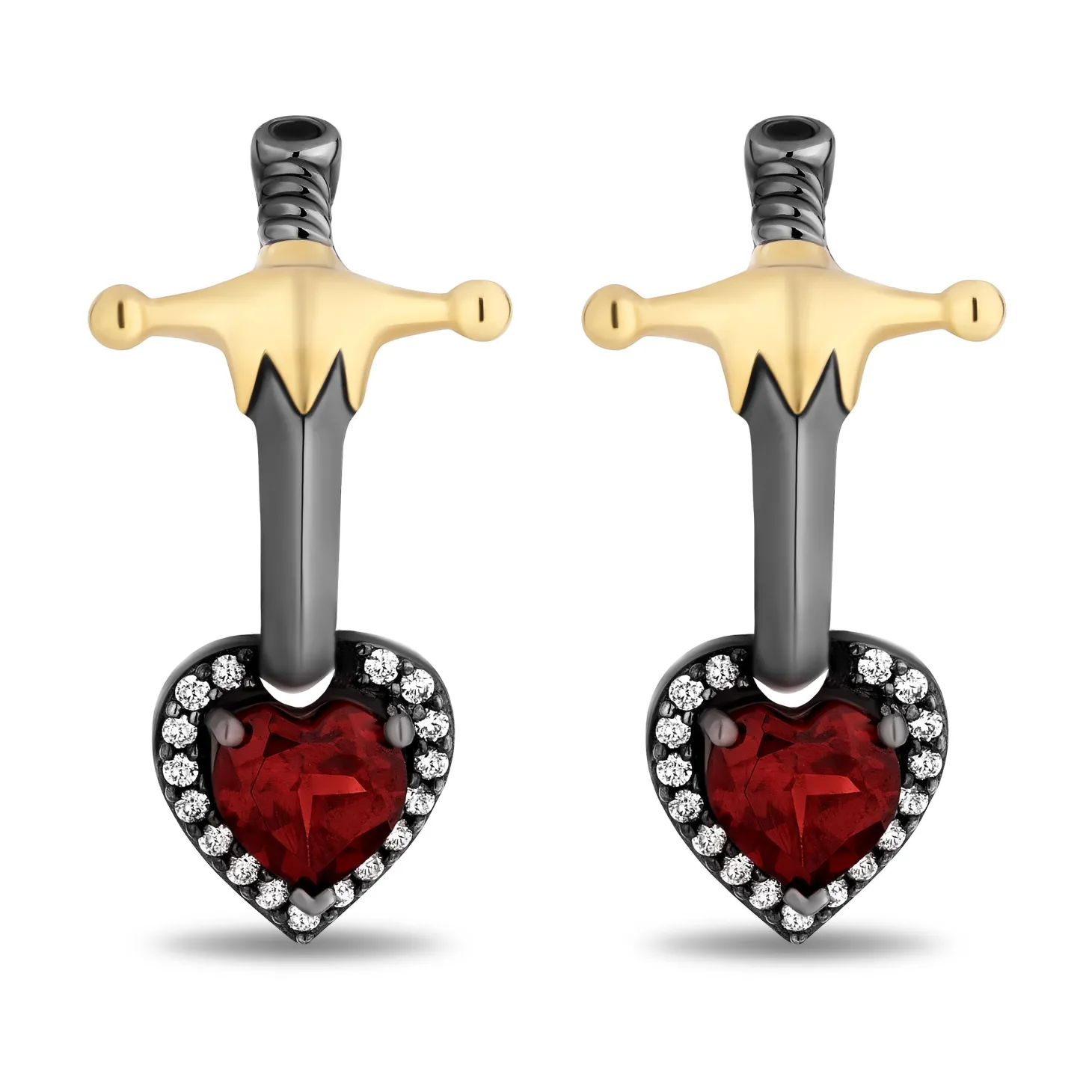 Enchanted Disney Fine Jewelry Black Rhodium and 14K Yellow Gold Over Sterling Silver with 1/8 CTTW Black and White Diamond with Red Garnet Evil Queen Earrings