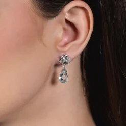 Enchanted Disney Fine Jewelry 14K White Gold With 1/10 CTTW Diamond and Aquamarine Elsa Snow Flake Earrings