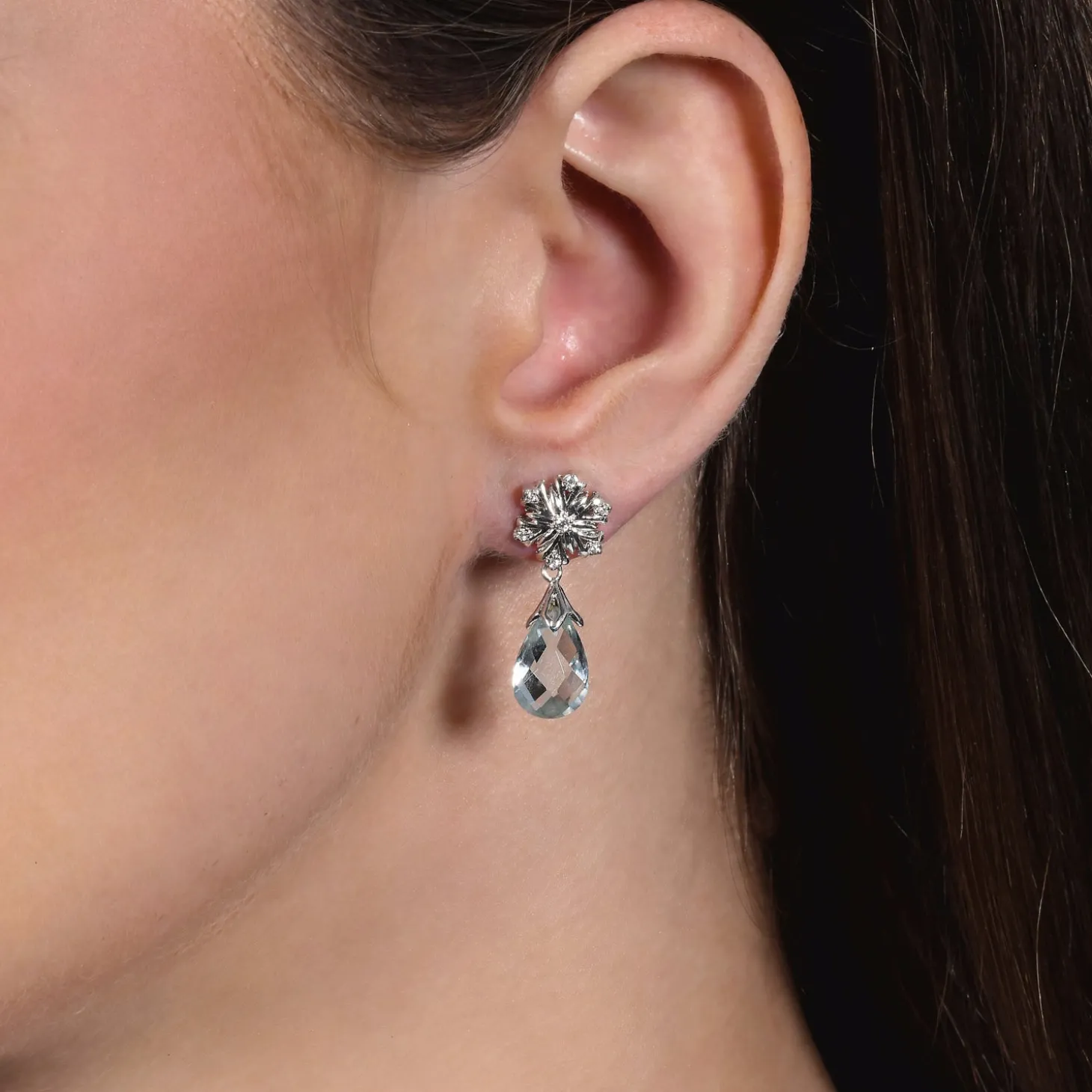 Enchanted Disney Fine Jewelry 14K White Gold With 1/10 CTTW Diamond and Aquamarine Elsa Snow Flake Earrings