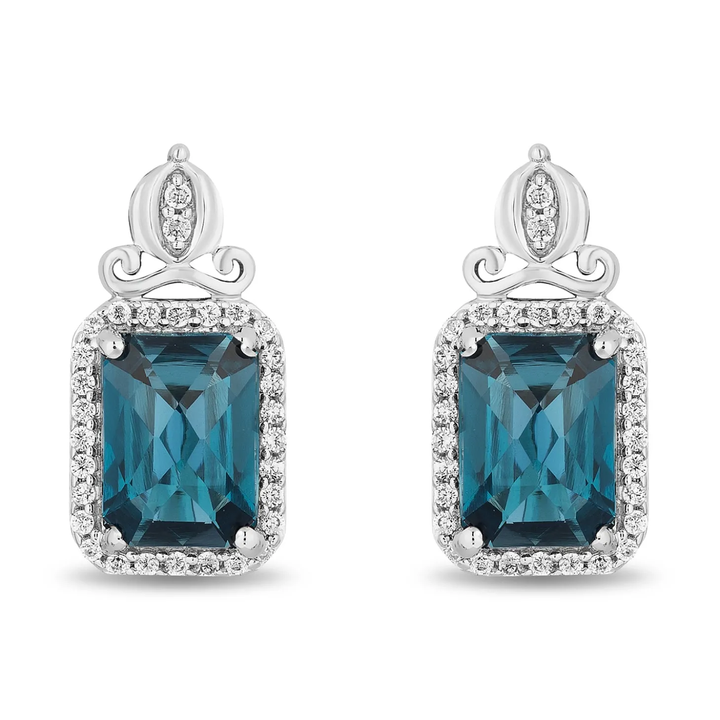 Enchanted Disney Fine Jewelry Sterling Silver with 1/6 CTTW Diamonds and London Blue Topaz Cinderella Stud Earrings