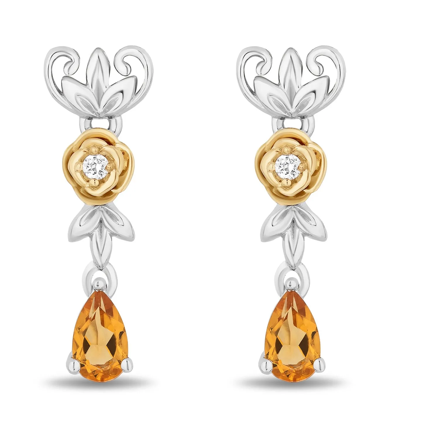 Enchanted Disney Fine Jewelry 14K Yellow Gold Over Sterling Silver with Accent Diamonds and Citrine Belle Earrings