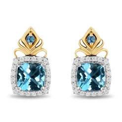Enchanted Disney Fine Jewelry 14K Yellow Gold Over Sterling Silver with 1/6 CTTW Diamonds and Swiss Blue Topaz Jasmine Earrings