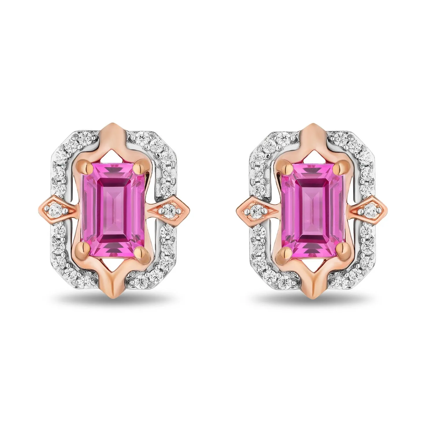 Enchanted Disney Fine Jewelry 14K Rose Gold over Sterling Silver with 1/6 CTTW Diamonds and Created Pink Sapphire Aurora Earrings