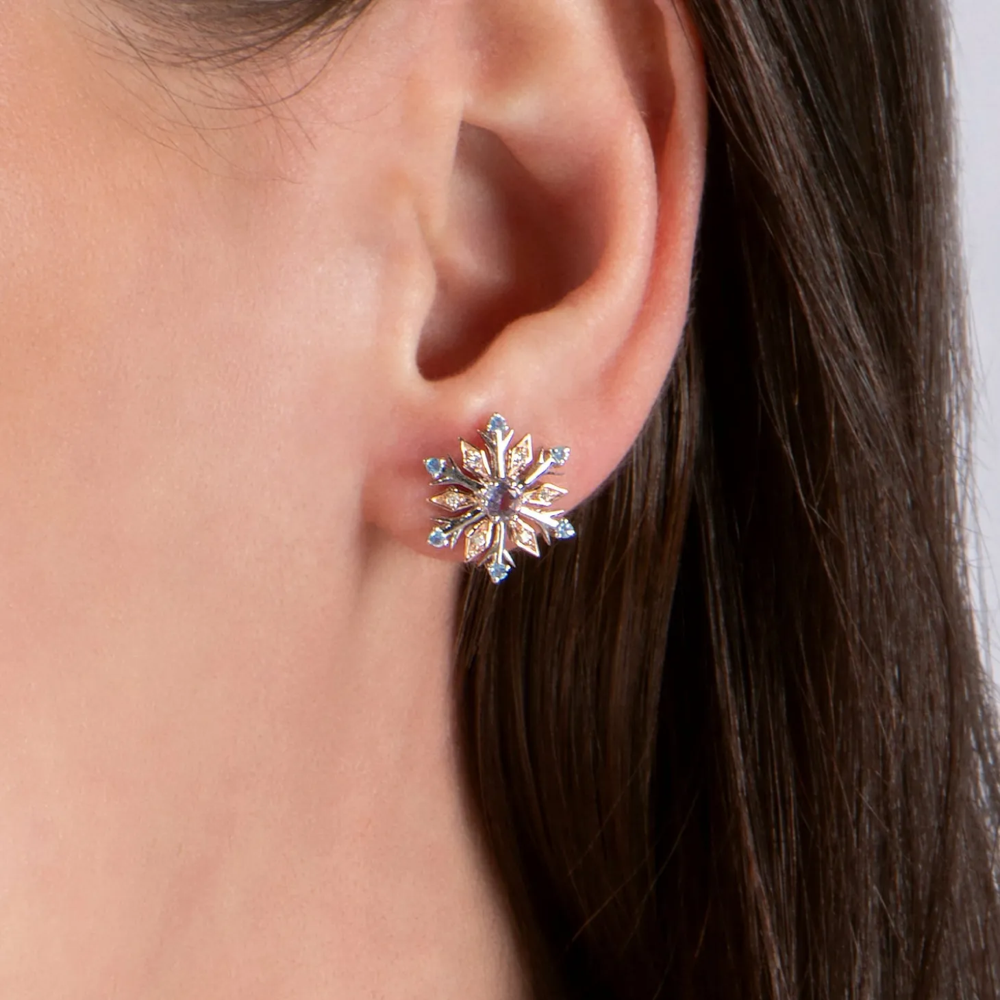 Enchanted Disney Fine Jewelry 14K Rose Gold over Sterling Silver with 1/20 CTTW Diamond with Swiss Blue Topaz and Rose-De-France Elsa Snow Flake Earrings