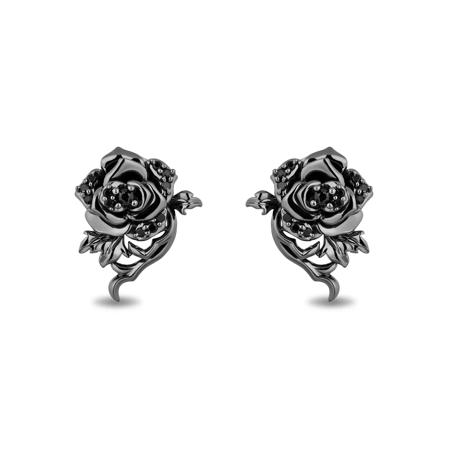 Enchanted Disney Fine Jewelry Black Rhodium Over Sterling Silver with 1/5 CTTW Black Diamonds Maleficent Rose Earrings