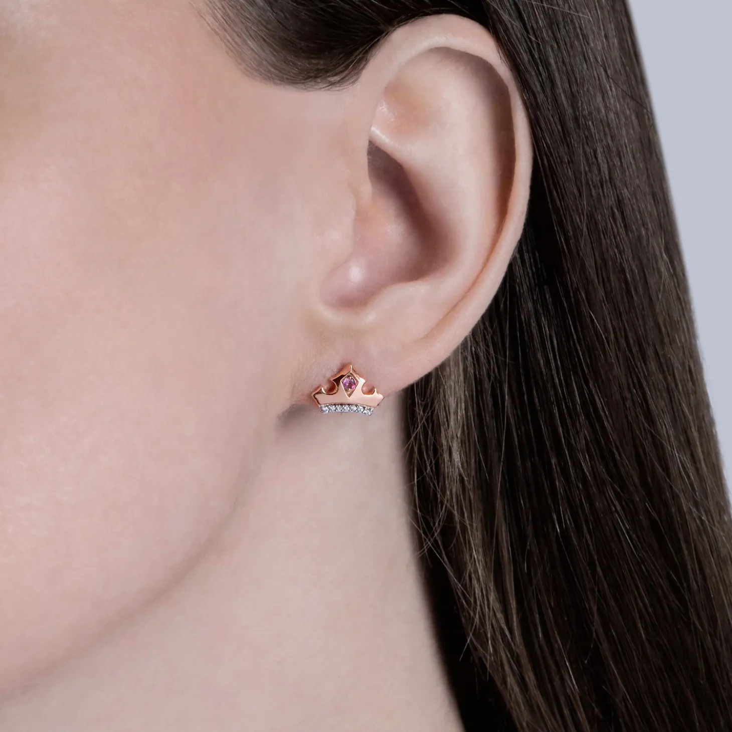 Enchanted Disney Fine Jewelry 10K Rose Gold with 1/20 CTTW Diamond and Pink Topaz Aurora Tiara Earrings