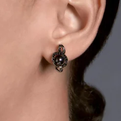Enchanted Disney Fine Jewelry Black Rhodium over Sterling Silver with 1/5 CTTW Black Diamond and Round Pearl Ursula Earrings