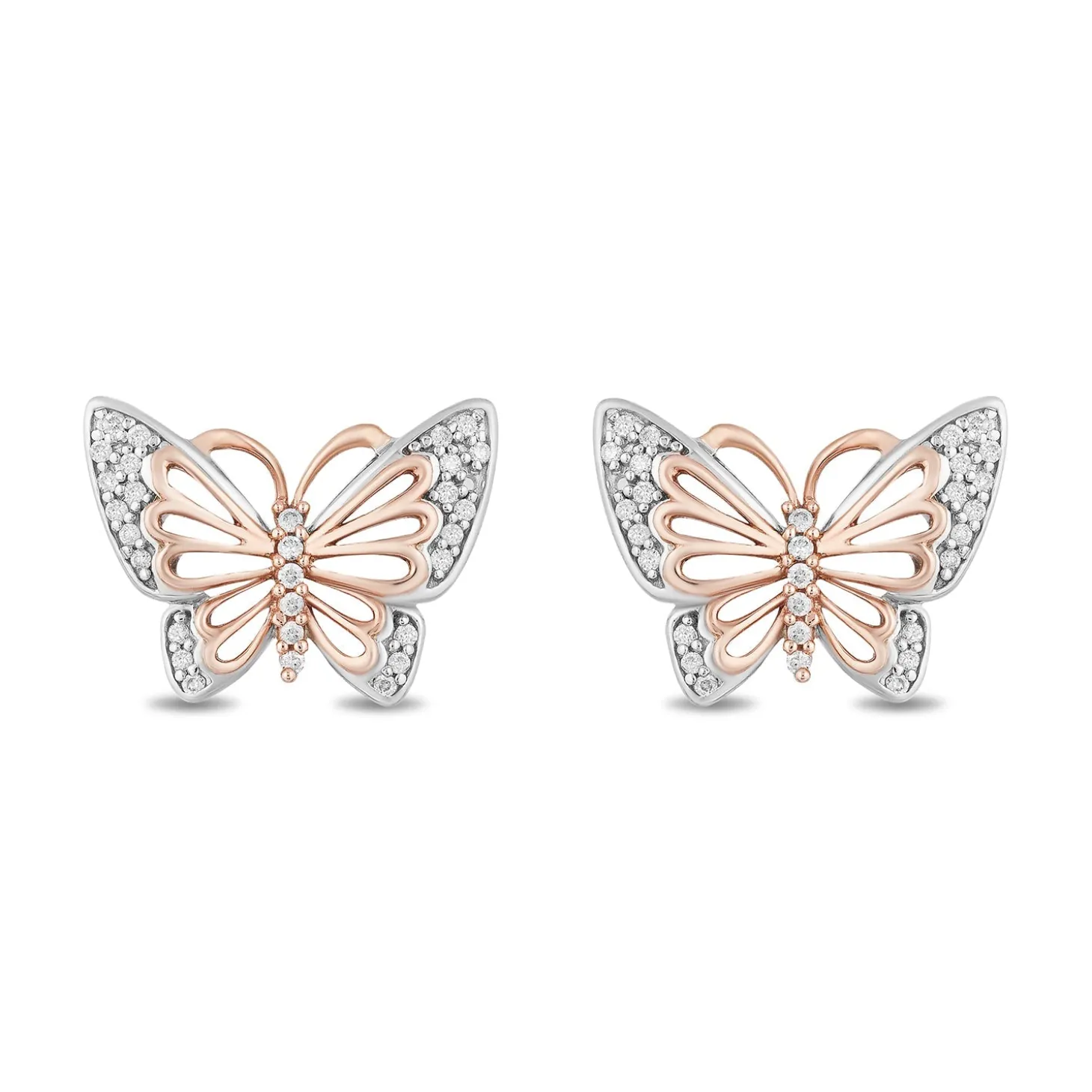 Enchanted Disney Fine Jewelry Sterling Silver and 10K Rose Gold 1/10 CTTW Natural White Round Diamond Mulan Butterfly Earrings